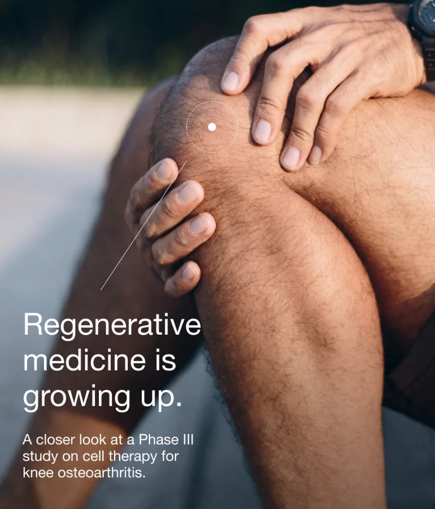 STEMS Health campaign: hands resting on a knee, under the line “Regenerative medicine is growing up.”